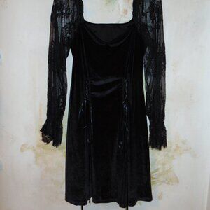 Whimsigoth Black Velvet & Witchy Lace Sleeves Mini Fit Flare Dress Corset Accent